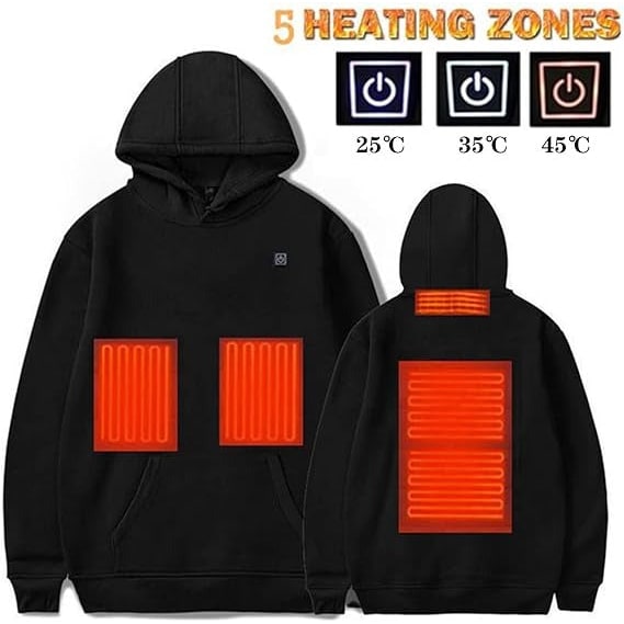 Verwarmde jas en hoodie met USB-verwarmingszones en trekkoordcapuchon