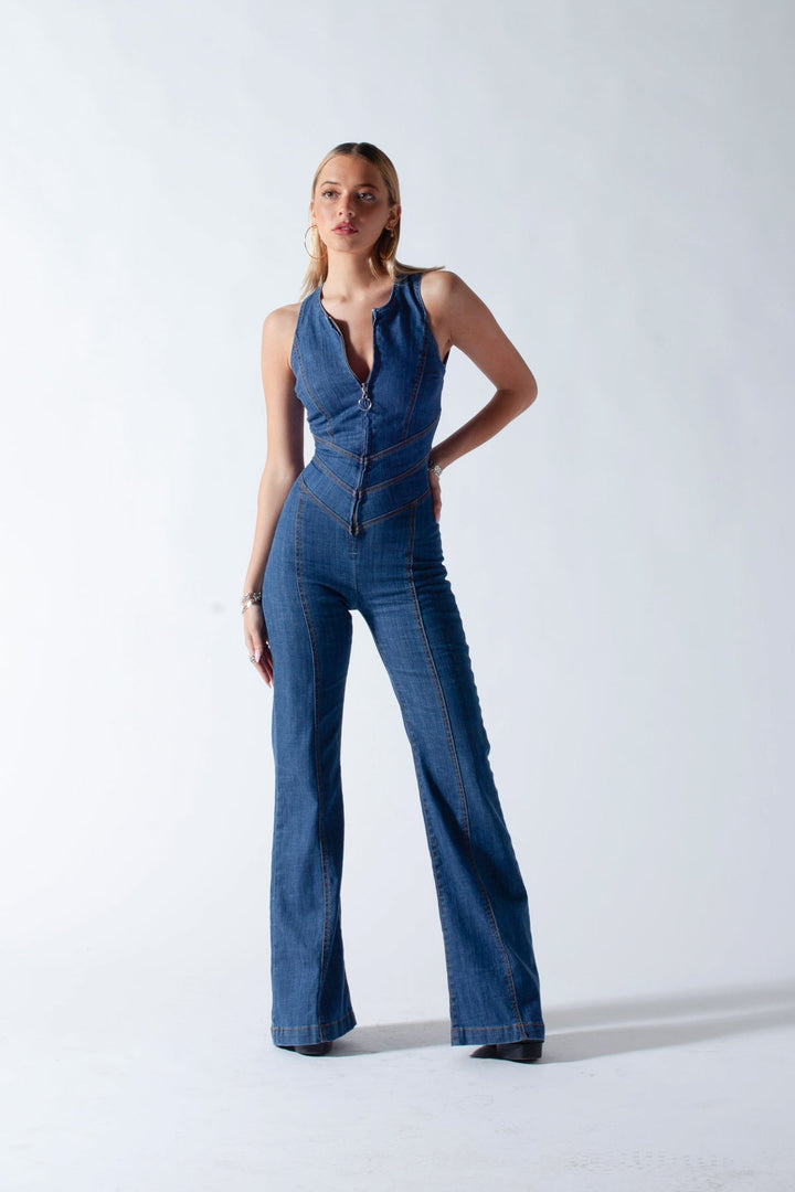 Rugloze denim jumpsuit voor dames met hartuitsnijding – Sakura
