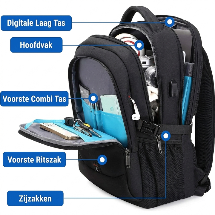 Waterdichte laptop- en reisrugzak met georganiseerde vakken.