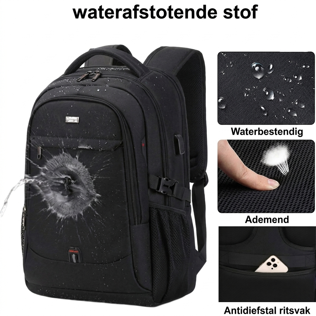 Waterdichte laptop- en reisrugzak met georganiseerde vakken.
