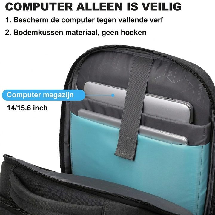 Waterdichte laptop- en reisrugzak met georganiseerde vakken.
