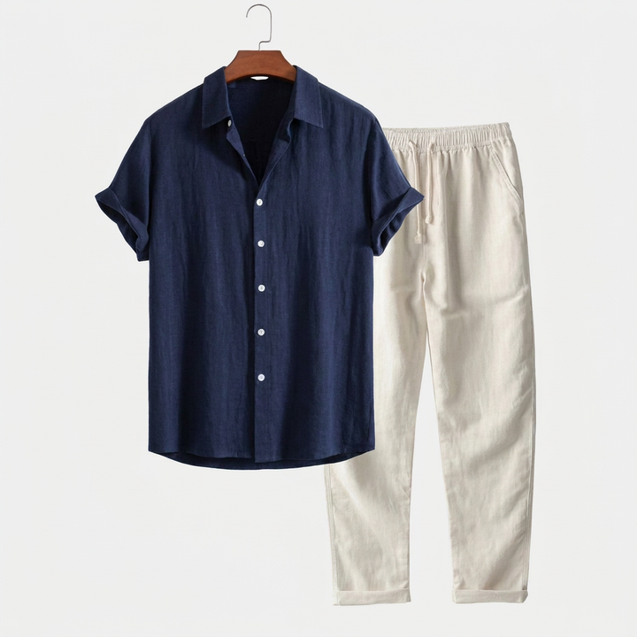 Heren Vrijetijdspak met Kortemouw Shirt en Relaxte Pasvorm Broek