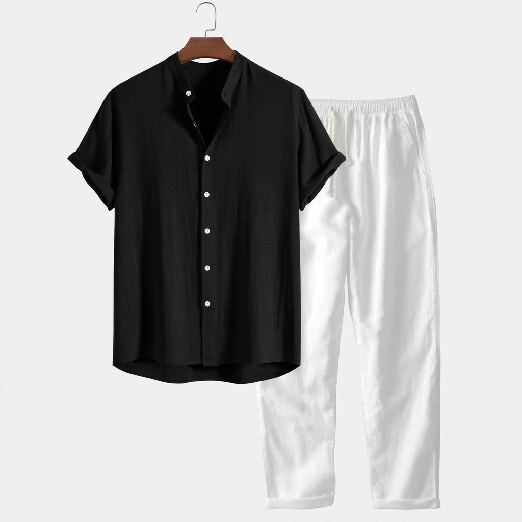 Heren Vrijetijdspak met Kortemouw Shirt en Relaxte Pasvorm Broek