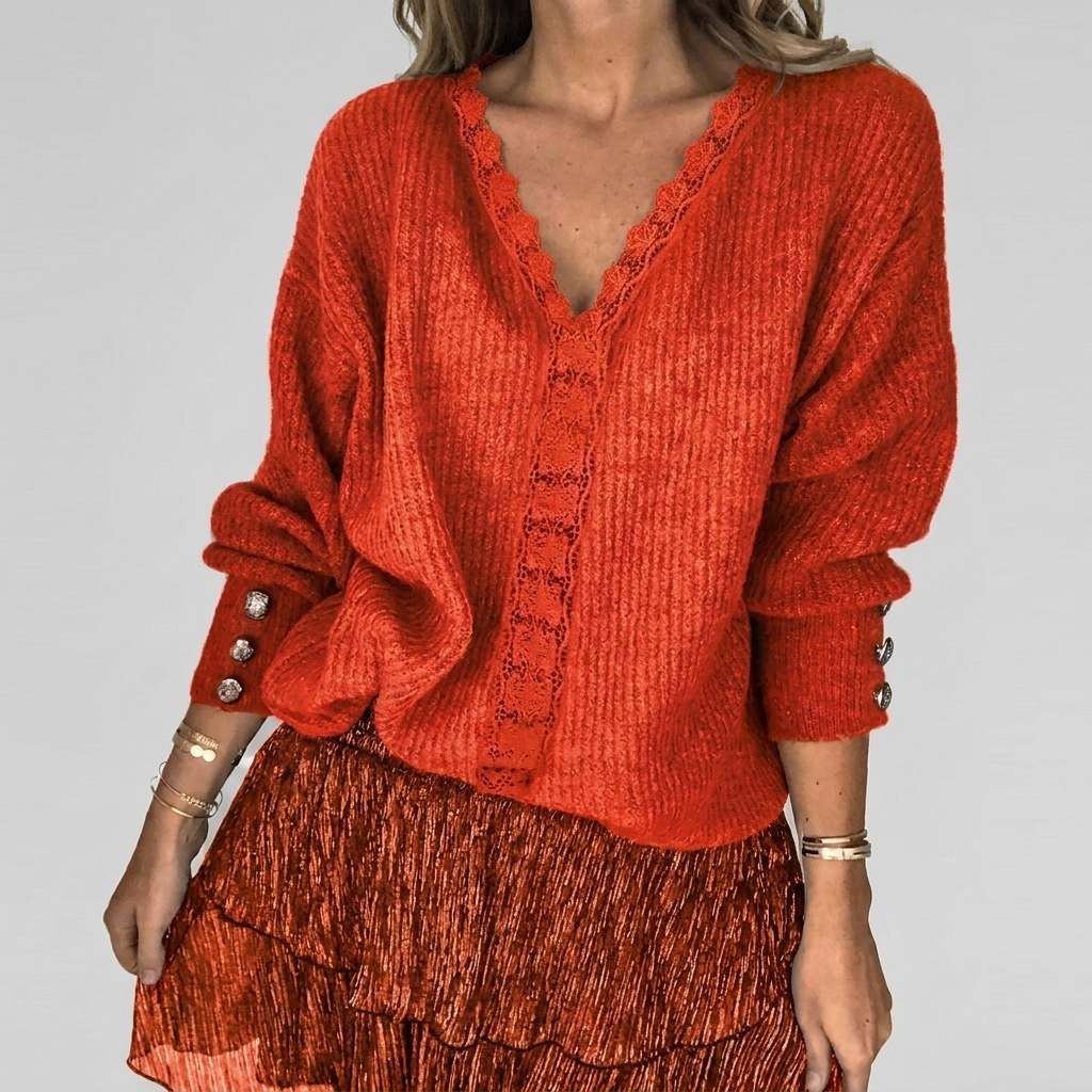 Zomerse V-hals Blouse met Opengewerkt Detail