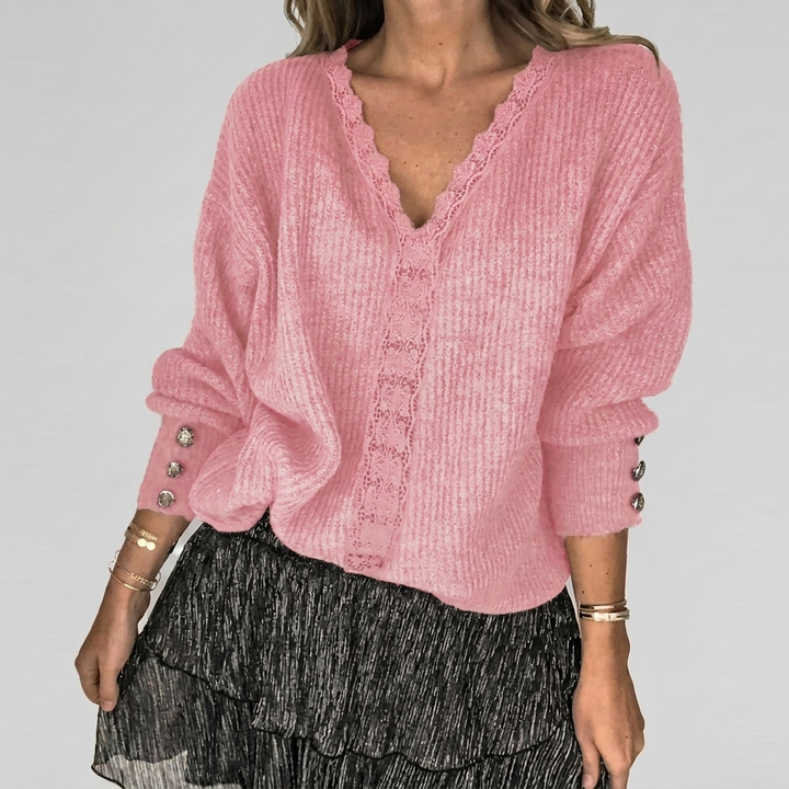 Zomerse V-hals Blouse met Opengewerkt Detail
