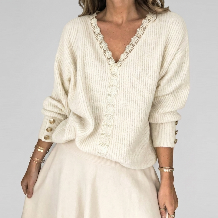Zomerse V-hals Blouse met Opengewerkt Detail