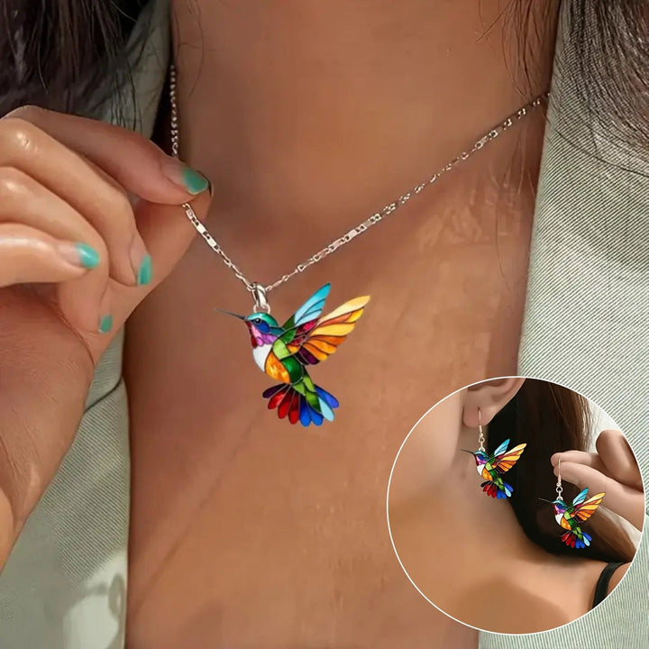 Kleurrijke kolibrie-ketting met oorbellenset, sierlijke emaille hanger, sieraden