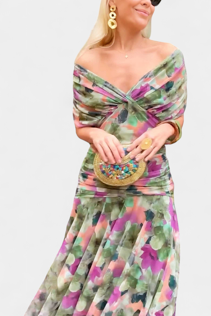 Lange, elegante, vloeiende damesjurk – V-hals, verfijnd design