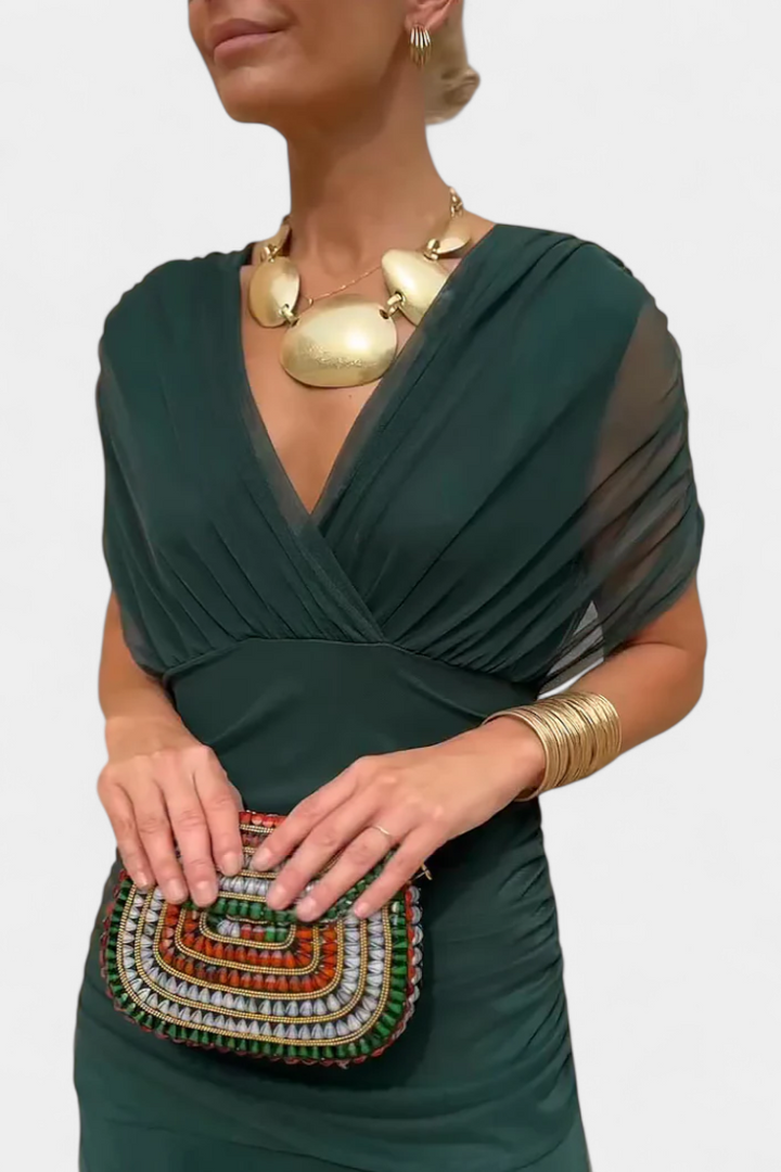 Lange, elegante, vloeiende damesjurk – V-hals, verfijnd design