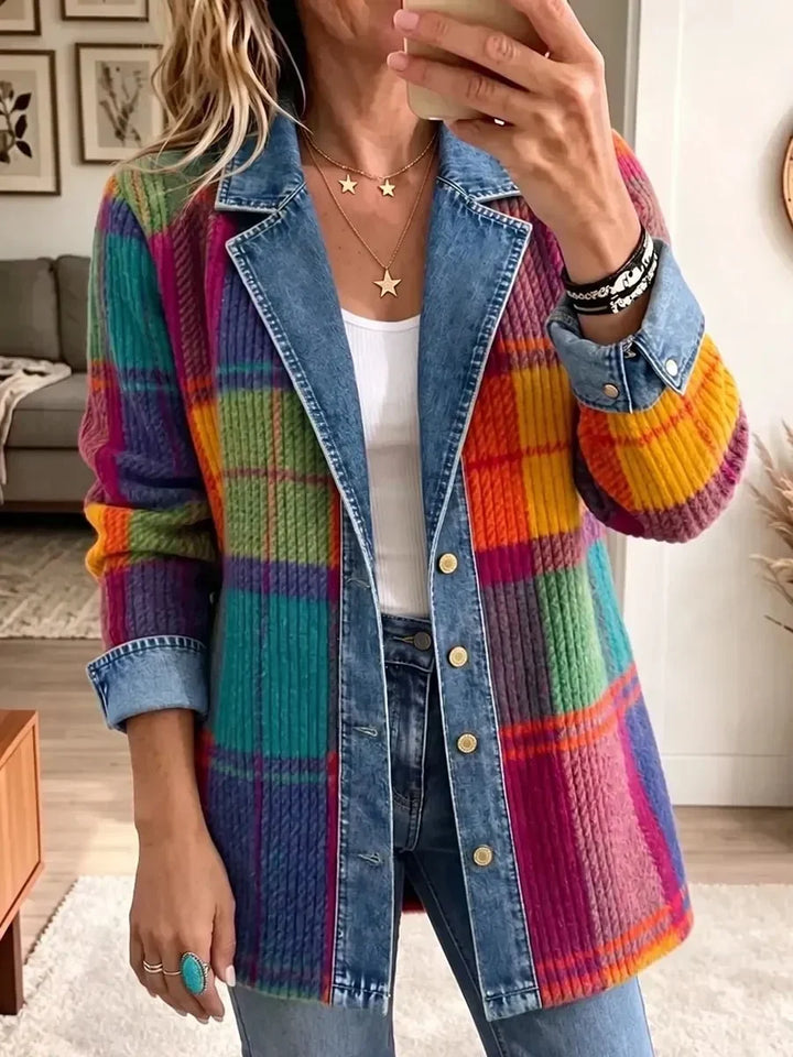 Patchwork-geruite jack in vintagestijl met denimafwerking