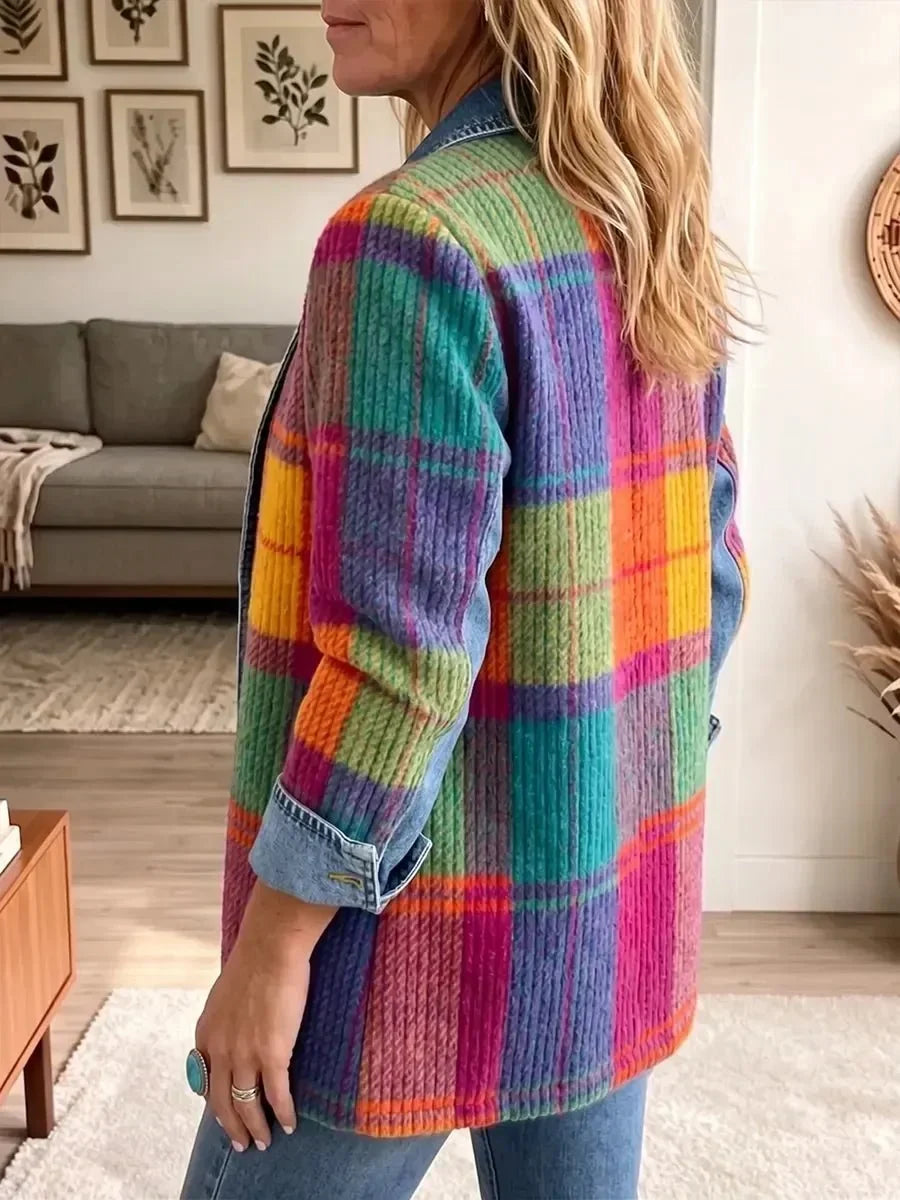 Patchwork-geruite jack in vintagestijl met denimafwerking