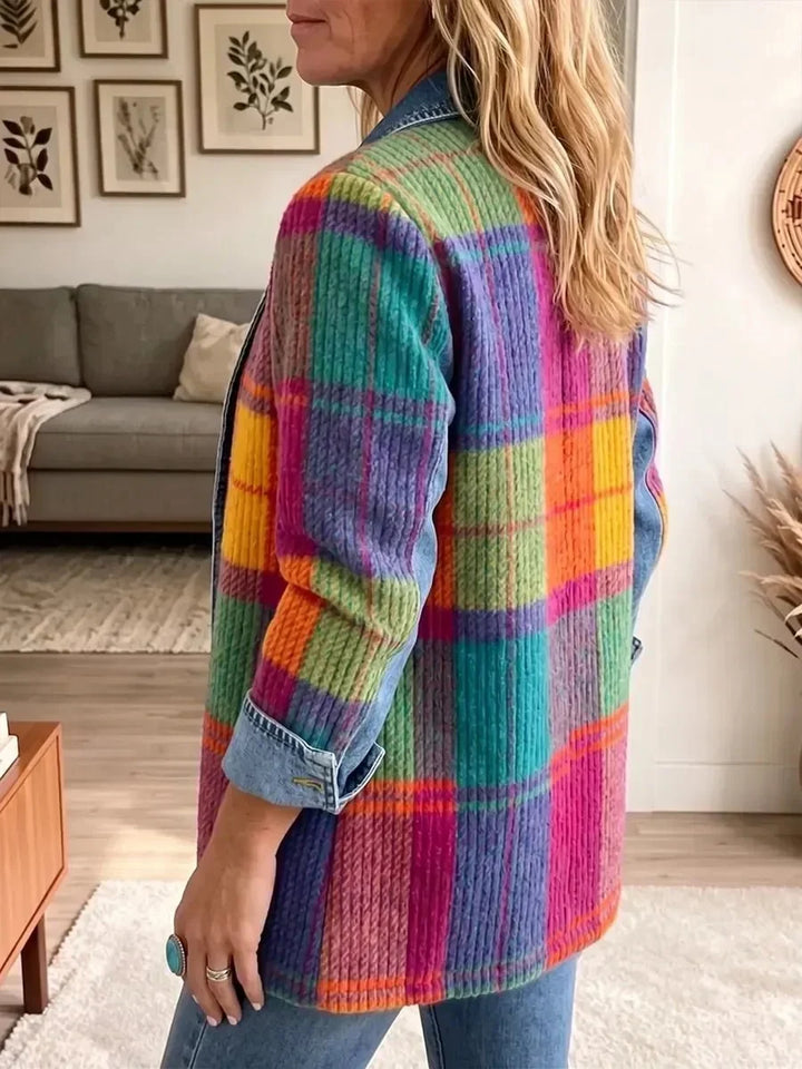 Patchwork-geruite jack in vintagestijl met denimafwerking
