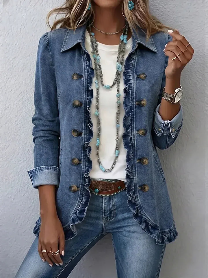 Utilityjack met bloemenborduursel – vintage boho-stijl met ruches