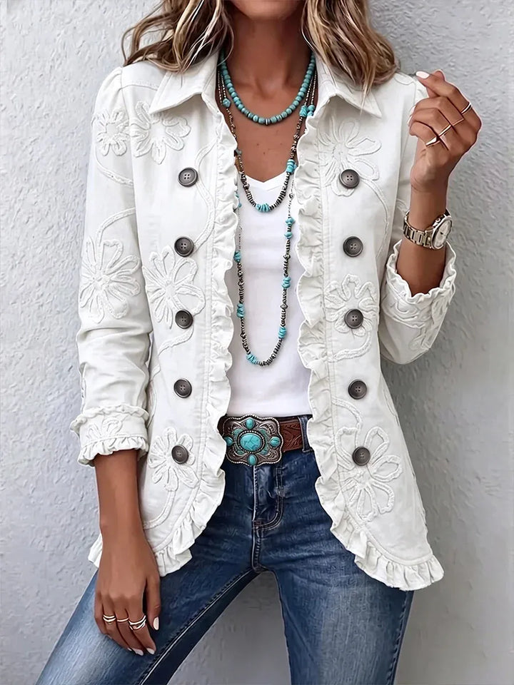 Utilityjack met bloemenborduursel – vintage boho-stijl met ruches