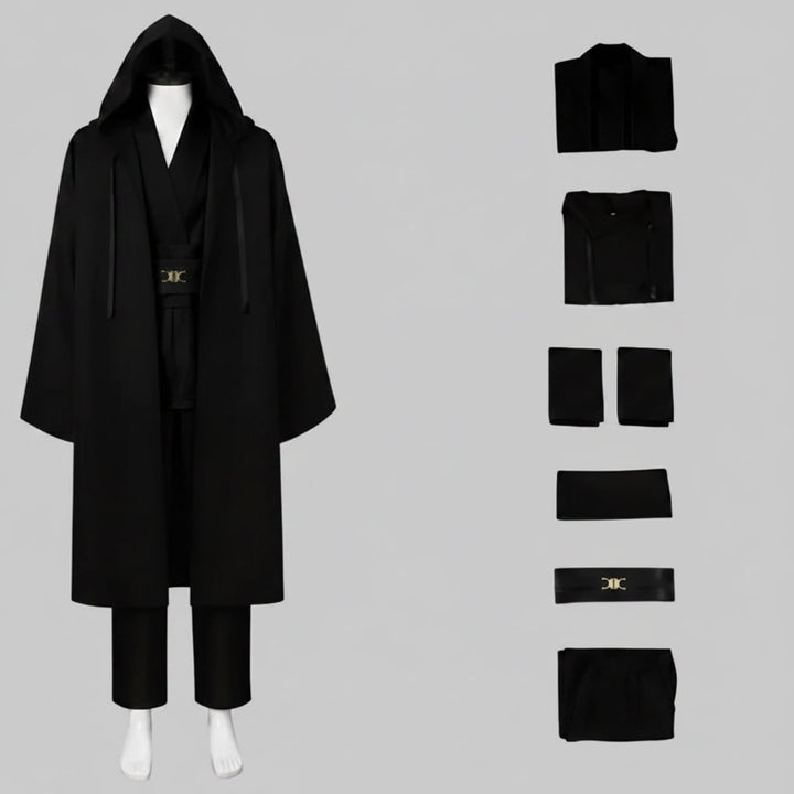 Halloween ruimteridder-kostuum cosplay-outfit met capuchonmantel, tuniek, sjerp en riem voor feesten