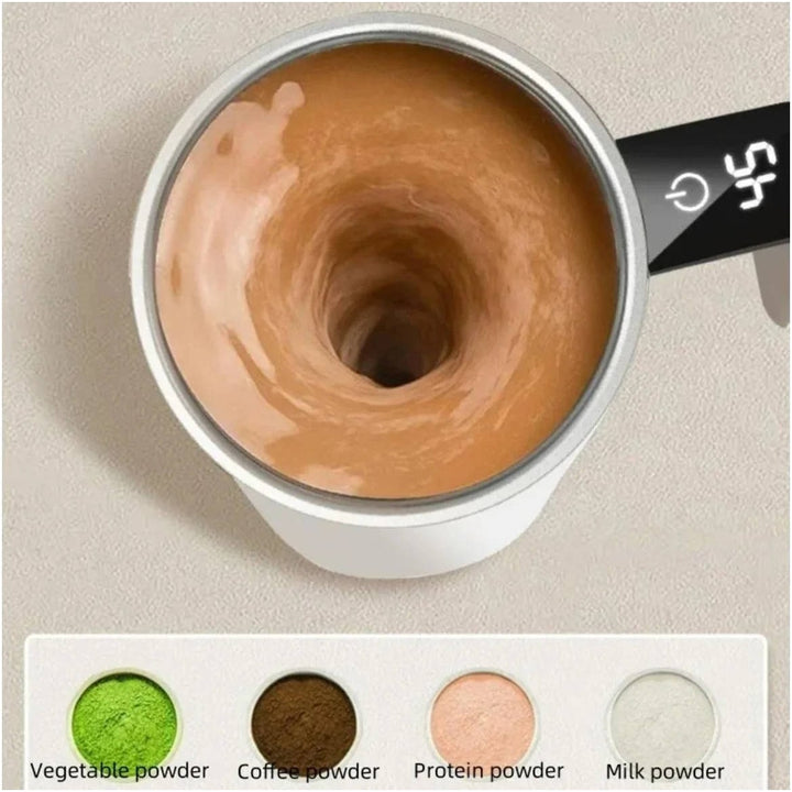 Zelfroerende reisbeker om koffie warm te houden met magnetische roerder en temperatuurdisplay, oplaadbaar