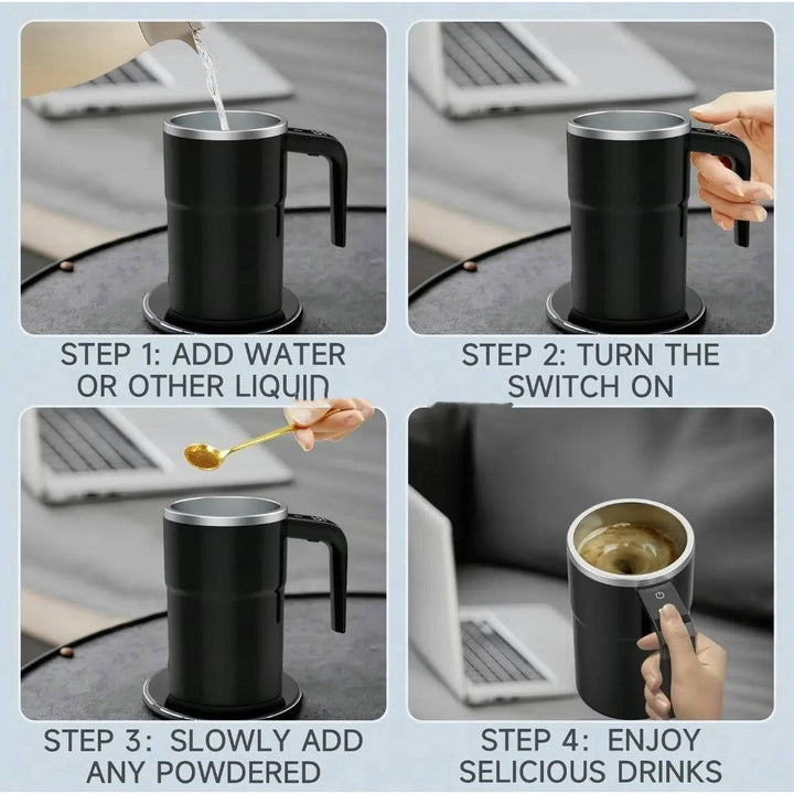 Zelfroerende reisbeker om koffie warm te houden met magnetische roerder en temperatuurdisplay, oplaadbaar