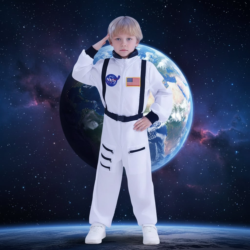 Halloween astronautenpak kostuum voor kinderen met ruimtevaartbadges en jumpsuit-ontwerp voor meisjes