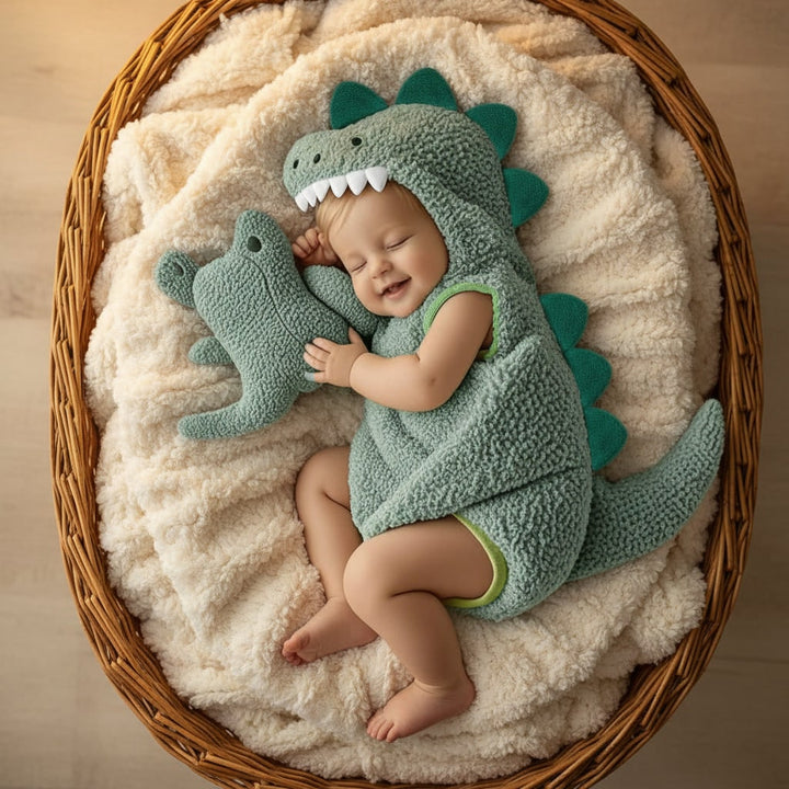 Halloween babydinosaurus kostuum met capuchon, rompertje met stekels en staart voor peuter T-rex