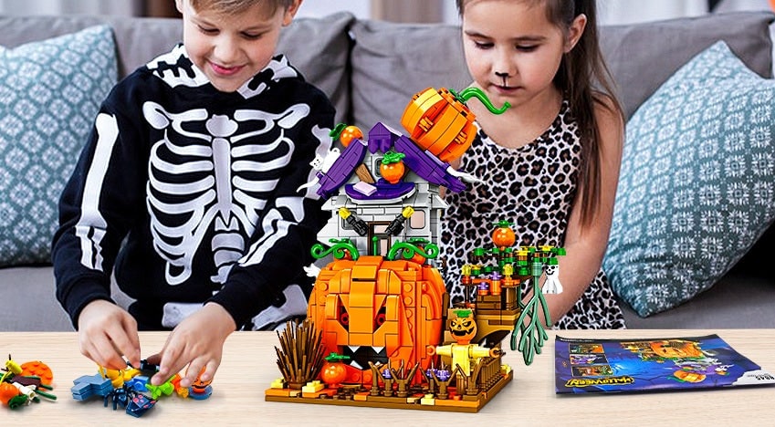 Halloween-bouwstenen voor kinderen, magnetische tegels speelset met pompoenhuis en spookachtige figuurtjes