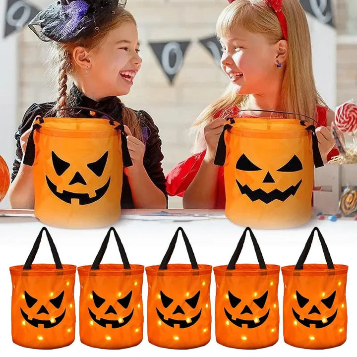 Halloween-snoepemmer en -tas voor kinderen met led-verlichting, lichtgevende pompoenlantaarn-emmer voor trick-or-treat