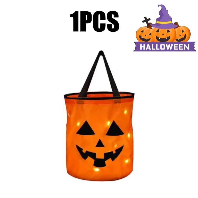 Halloween-snoepemmer en -tas voor kinderen met led-verlichting, lichtgevende pompoenlantaarn-emmer voor trick-or-treat