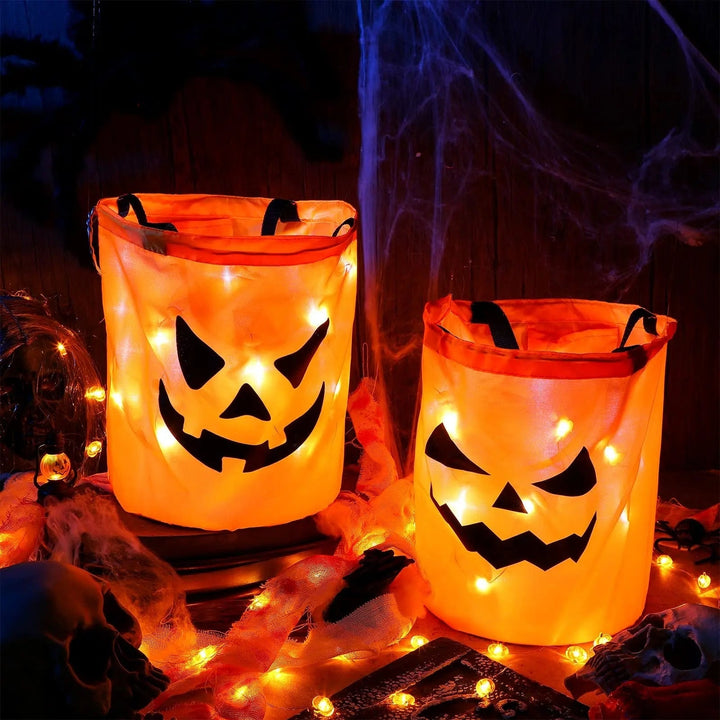 Halloween-snoepemmer en -tas voor kinderen met led-verlichting, lichtgevende pompoenlantaarn-emmer voor trick-or-treat