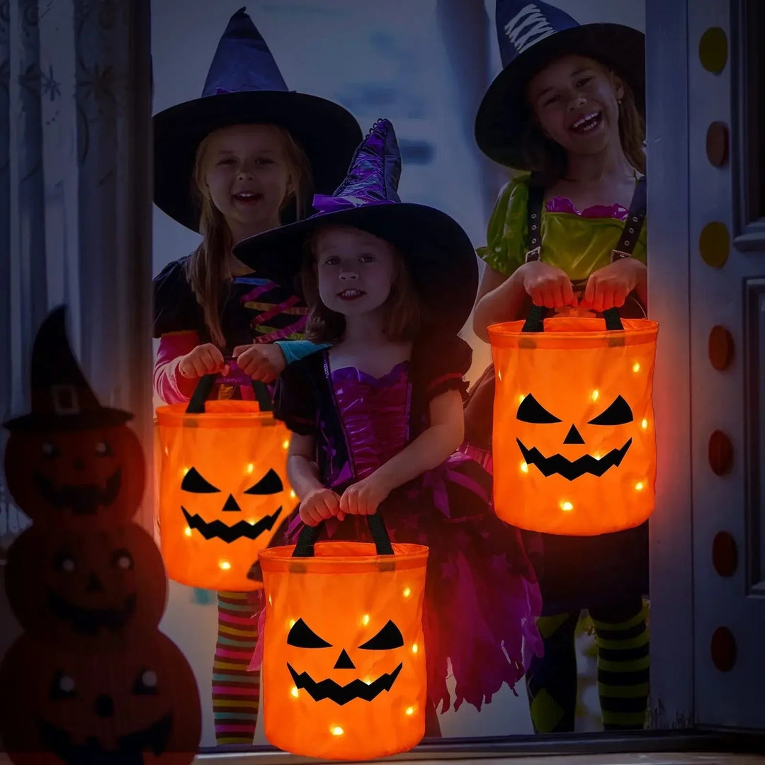 Halloween-snoepemmer en -tas voor kinderen met led-verlichting, lichtgevende pompoenlantaarn-emmer voor trick-or-treat