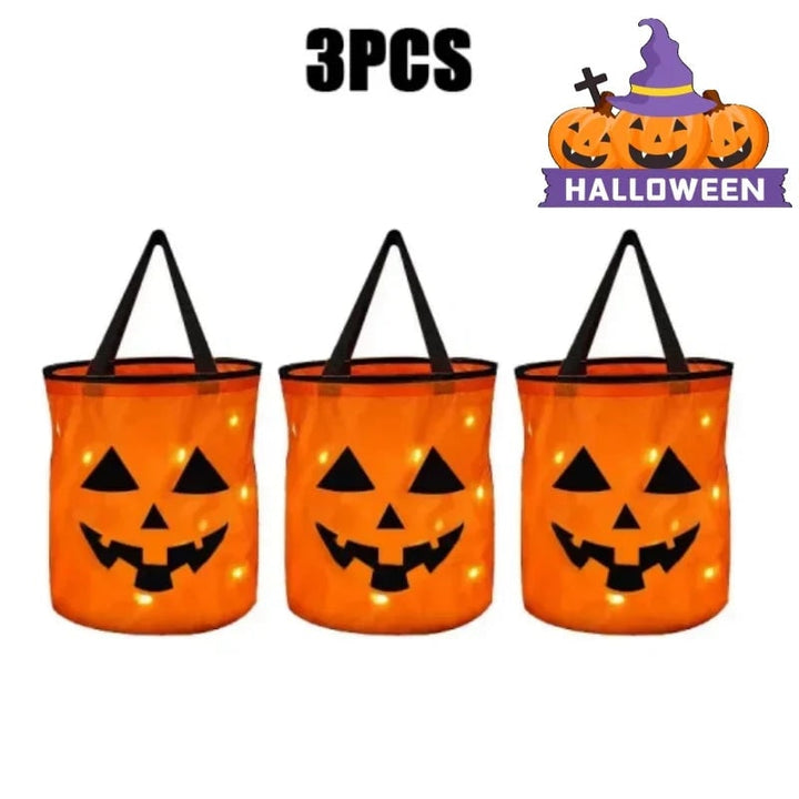 Halloween-snoepemmer en -tas voor kinderen met led-verlichting, lichtgevende pompoenlantaarn-emmer voor trick-or-treat