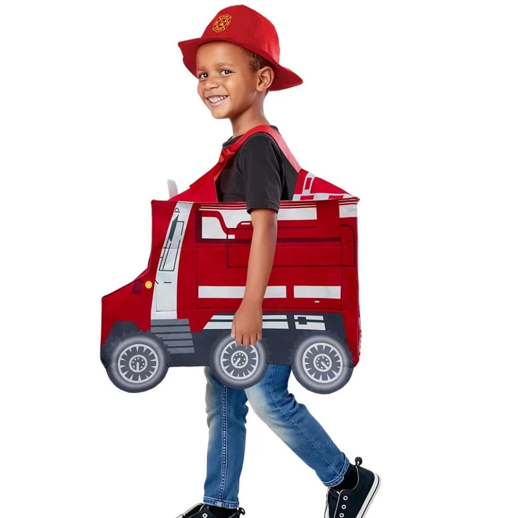 Halloween-brandweerkostuum voor kinderen met hoed, reflecterende strepen en badge om te verkleden