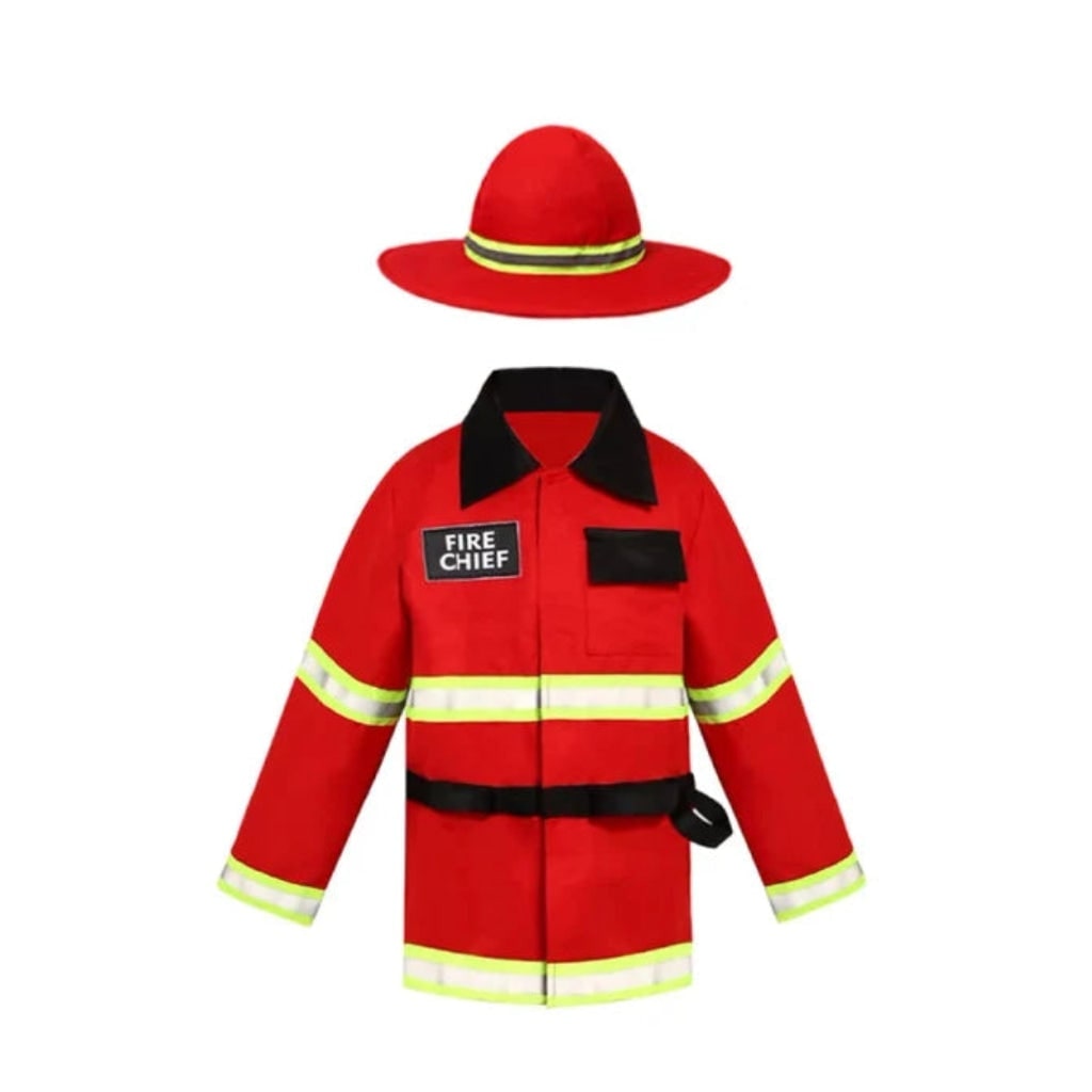 Halloween-brandweerkostuum voor kinderen met hoed, reflecterende strepen en badge om te verkleden
