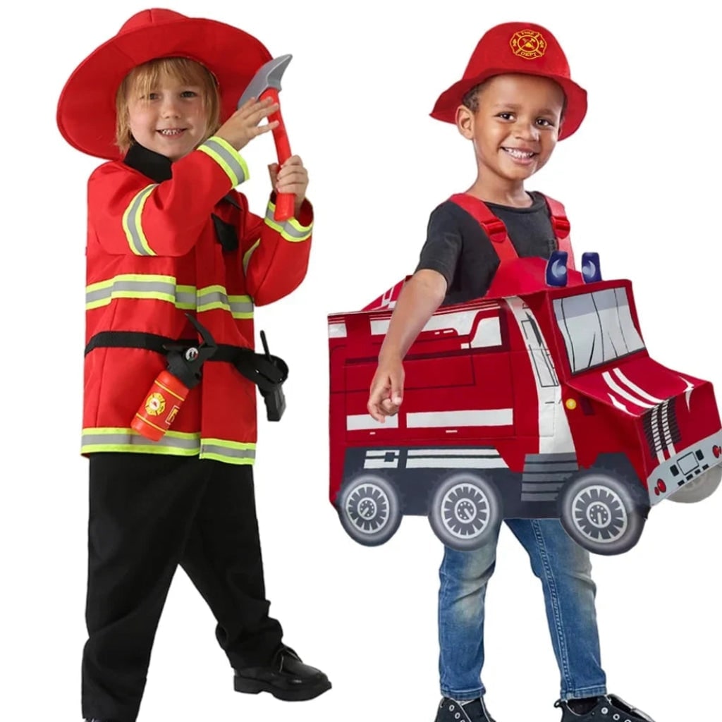 Halloween-brandweerkostuum voor kinderen met hoed, reflecterende strepen en badge om te verkleden