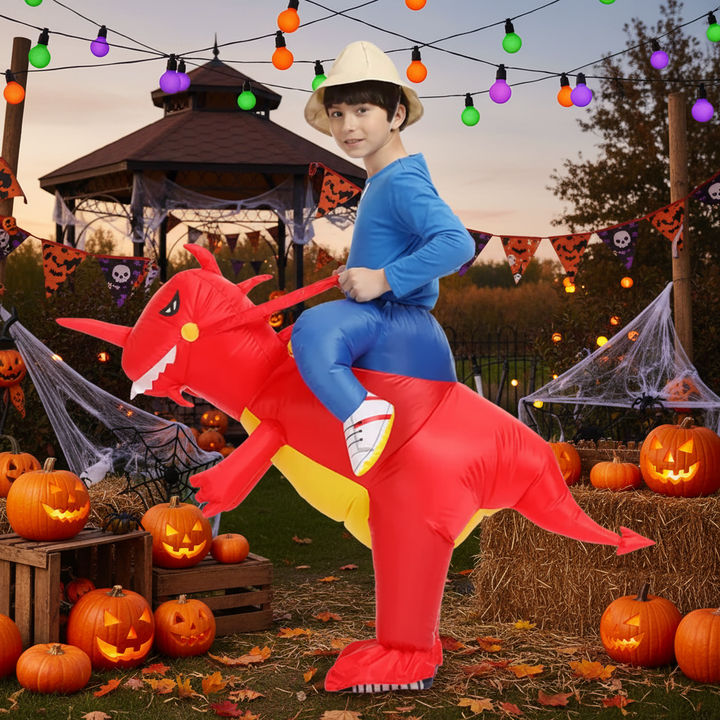 Opblaasbaar Halloween-dinosauruskostuum voor kinderen om in te stappen, met batterijventilator voor feestjes