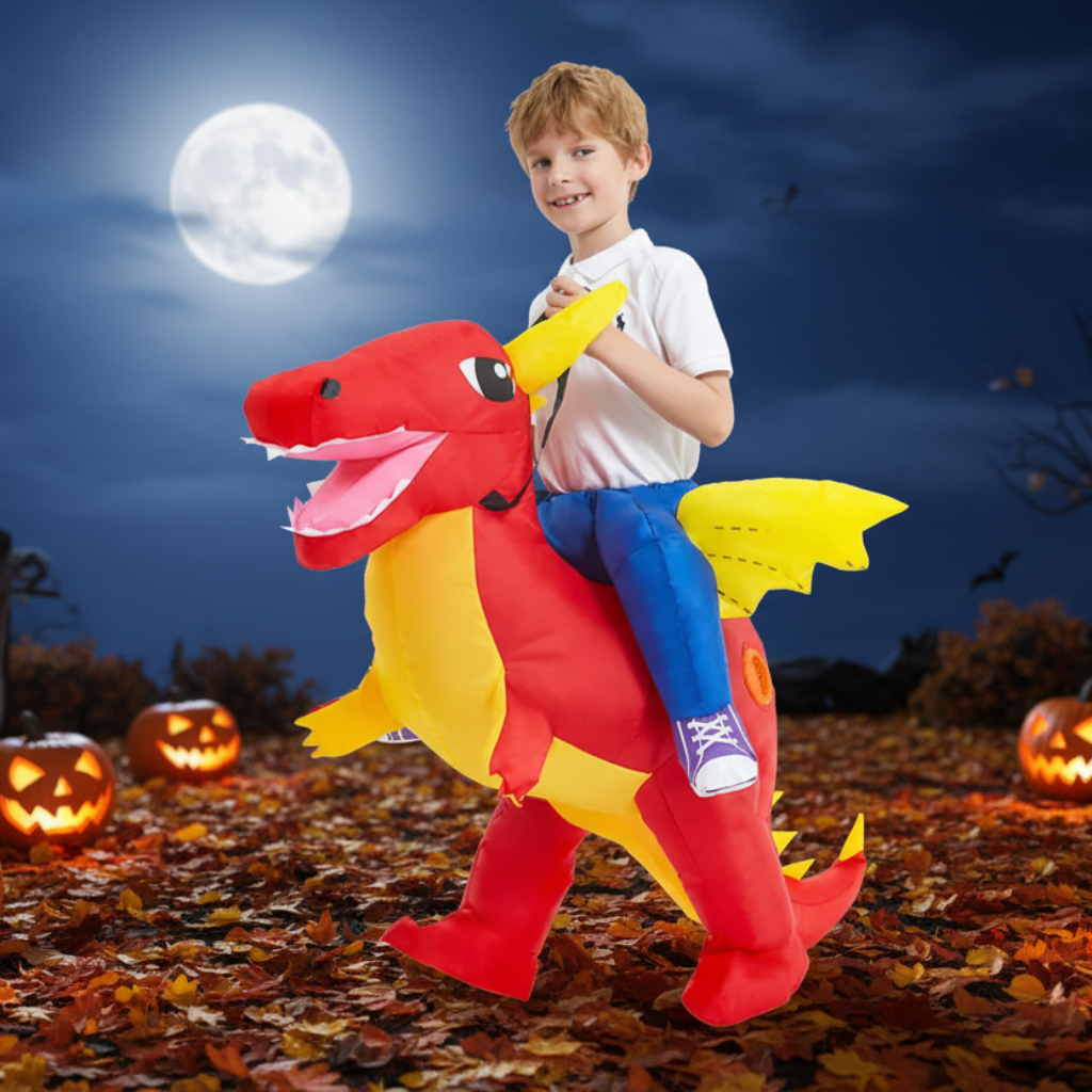 Opblaasbaar Halloween-dinosauruskostuum voor kinderen om in te stappen, met batterijventilator voor feestjes