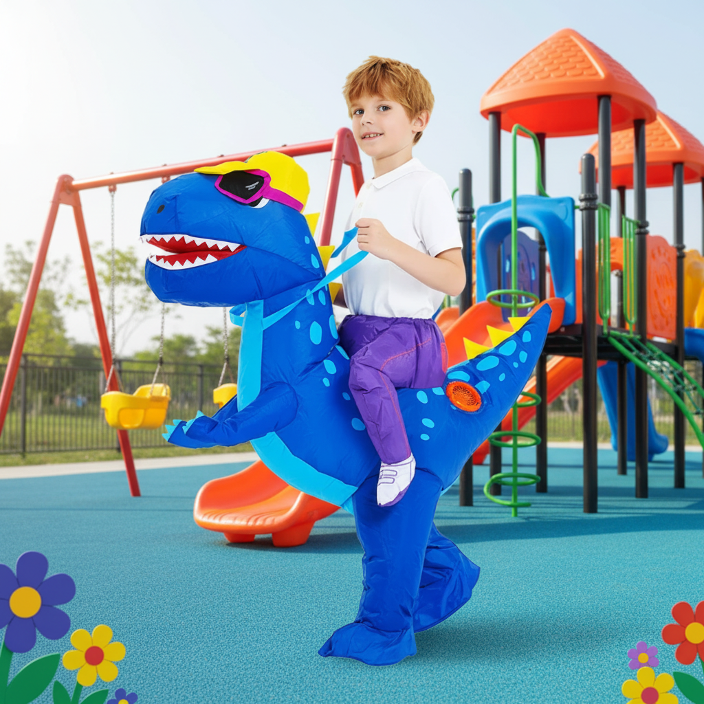 Opblaasbaar Halloween-dinosauruskostuum voor kinderen om in te stappen, met batterijventilator voor feestjes