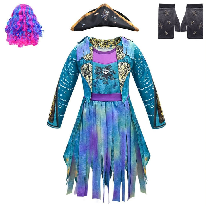 Halloween-piratenkostuum voor kinderen, jurkoutfit met schedelprint en gerafelde zoom