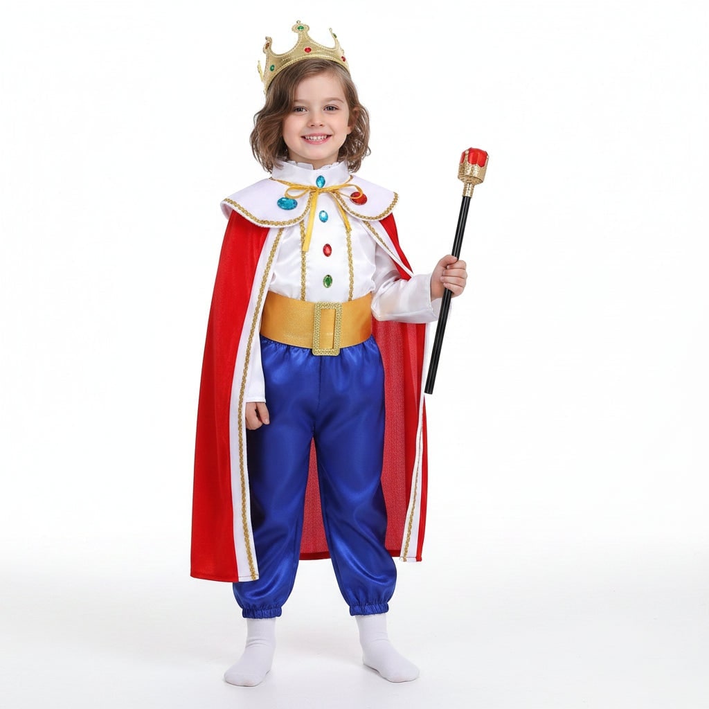 Halloween koningszoon-kostuumset voor kinderen met gouden kroon, scepter en rode cape