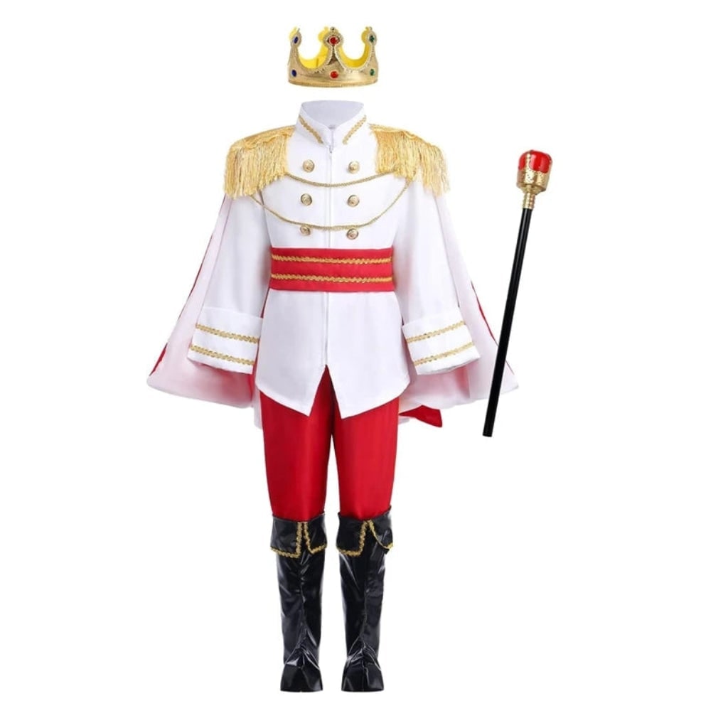 Halloween koningszoon-kostuumset voor kinderen met gouden kroon, scepter en rode cape