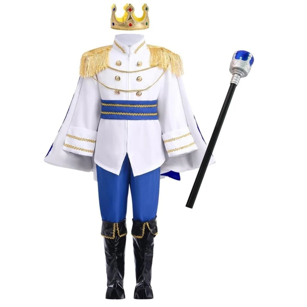 Halloween koningszoon-kostuumset voor kinderen met gouden kroon, scepter en rode cape