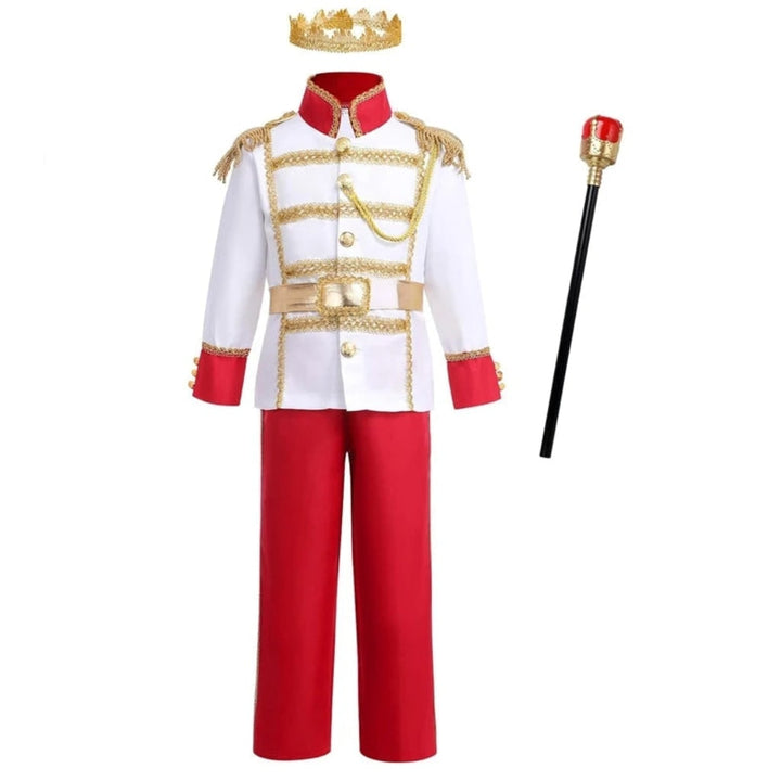 Halloween koningszoon-kostuumset voor kinderen met gouden kroon, scepter en rode cape
