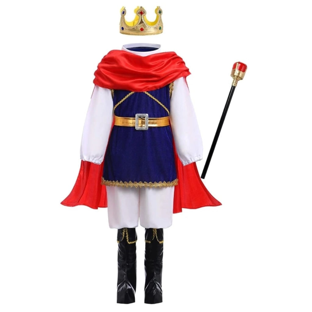 Halloween koningszoon-kostuumset voor kinderen met gouden kroon, scepter en rode cape