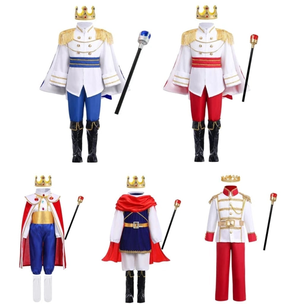 Halloween koningszoon-kostuumset voor kinderen met gouden kroon, scepter en rode cape