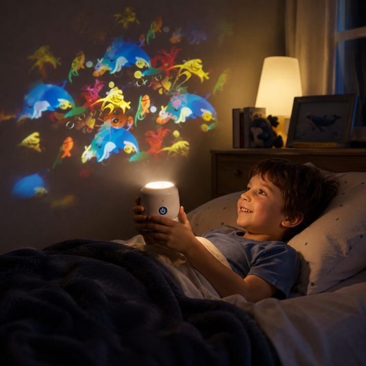 Kindernachtlamp projector met draaiende oceaan- en sterrenpatronen tafelmodel plafondprojectie