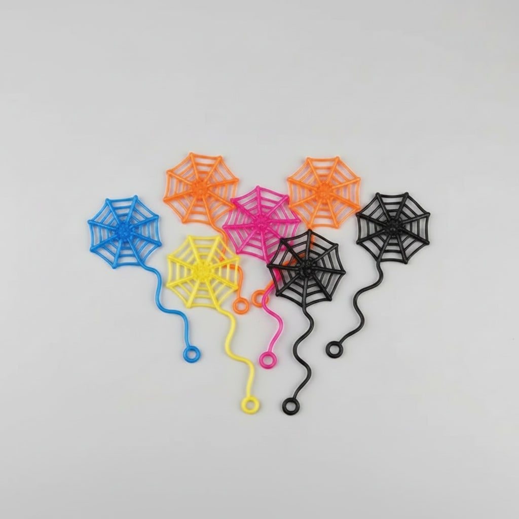 Halloweendecoratie voor kinderen: kleverige spinnenweb-uitdeelcadeautjes, rekbare neon raamstickers met golvende staart