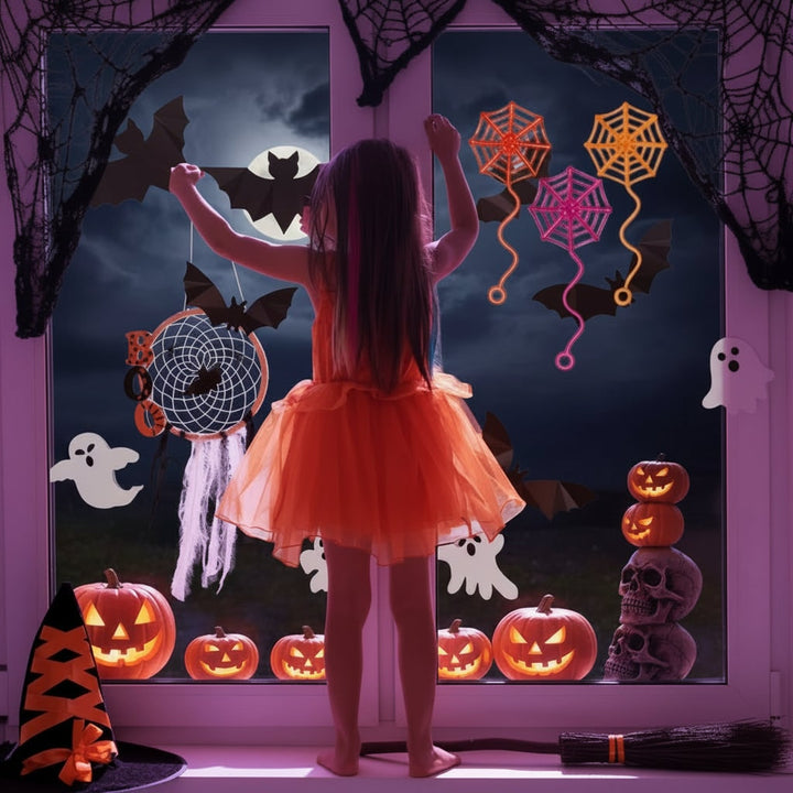 Halloweendecoratie voor kinderen: kleverige spinnenweb-uitdeelcadeautjes, rekbare neon raamstickers met golvende staart