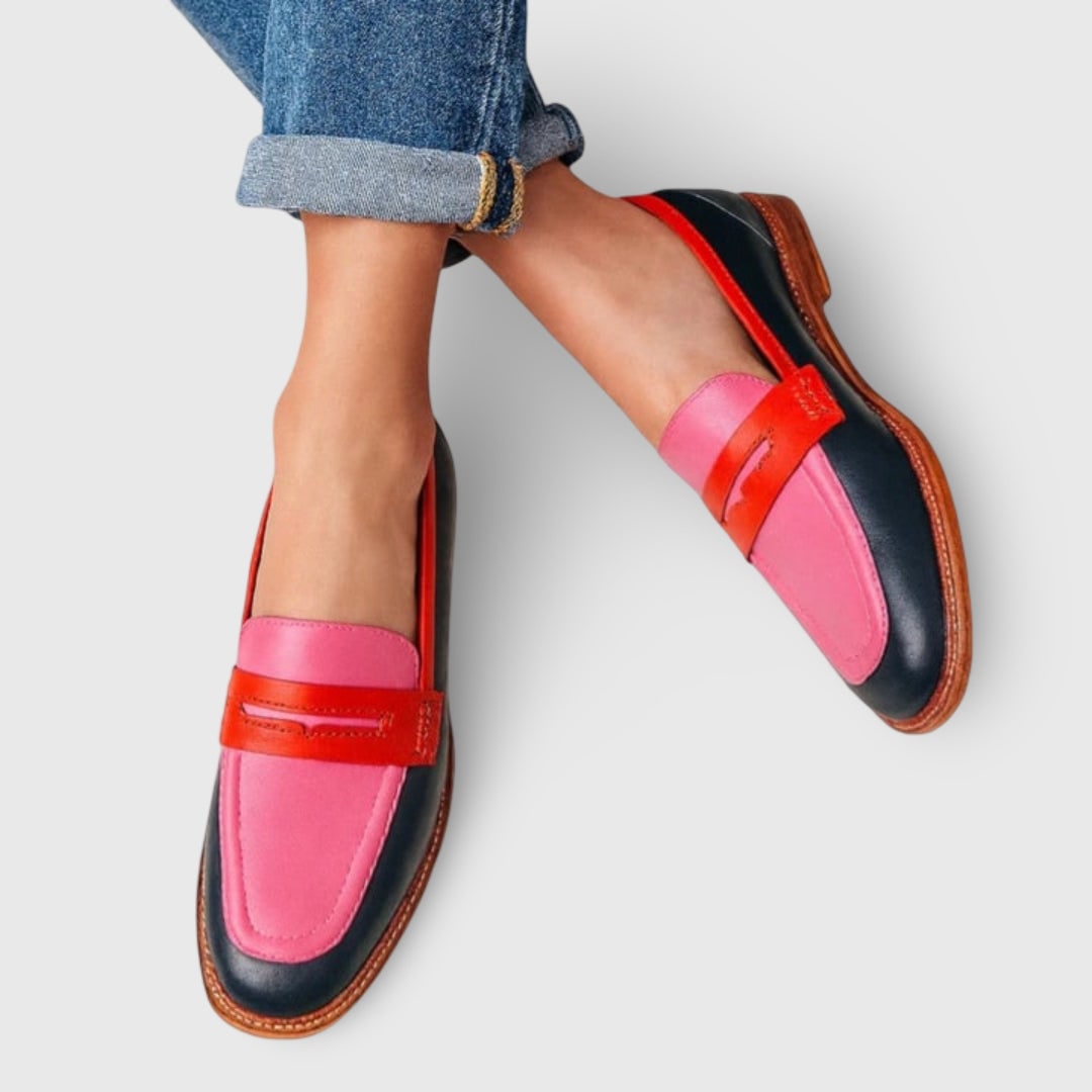Casual damesloafers met lage hak, pennyloafer van colorblock leer met ronde neus, instapmodel