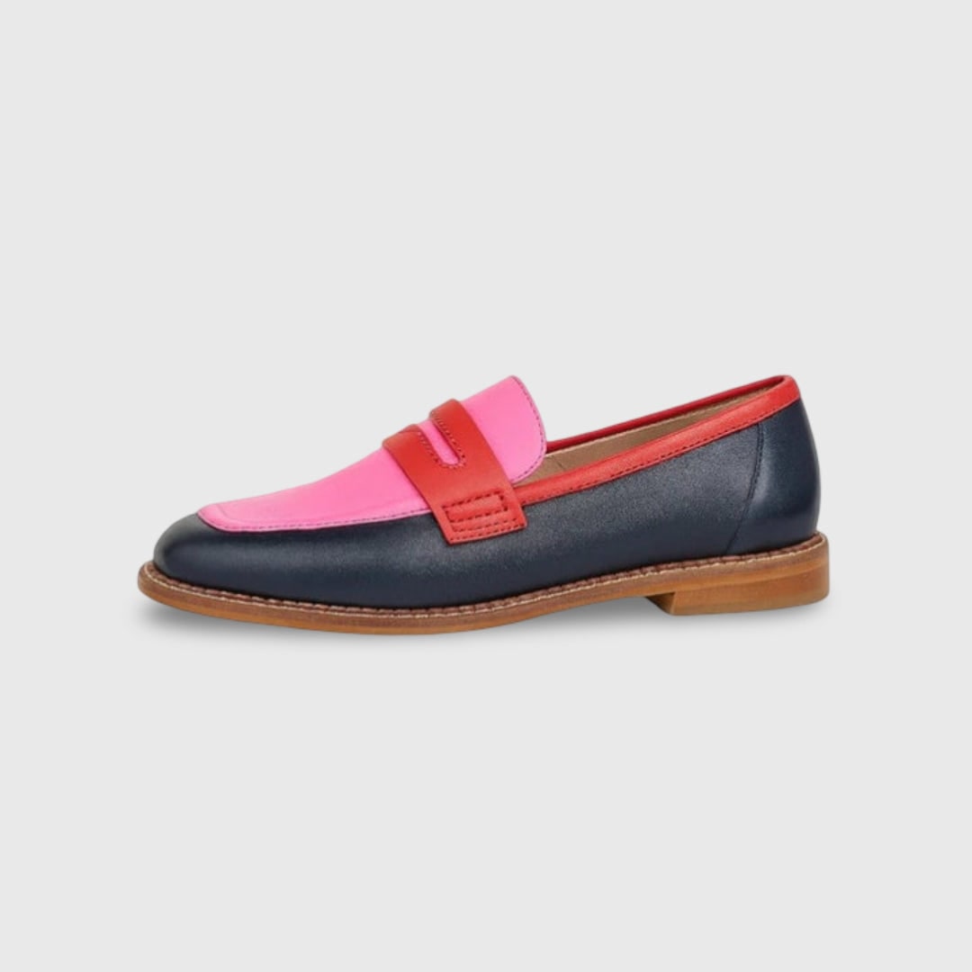 Casual damesloafers met lage hak, pennyloafer van colorblock leer met ronde neus, instapmodel