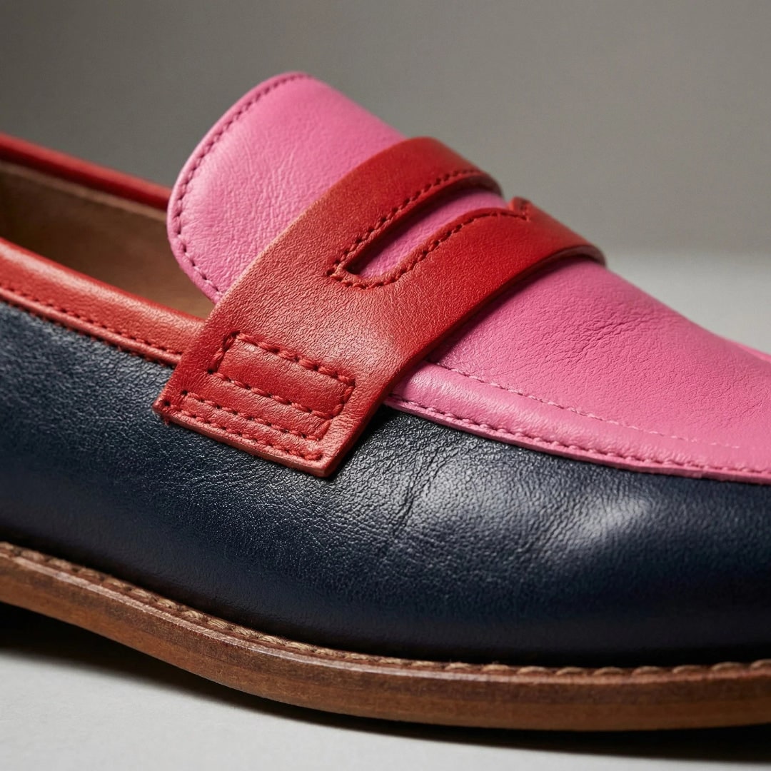 Casual damesloafers met lage hak, pennyloafer van colorblock leer met ronde neus, instapmodel