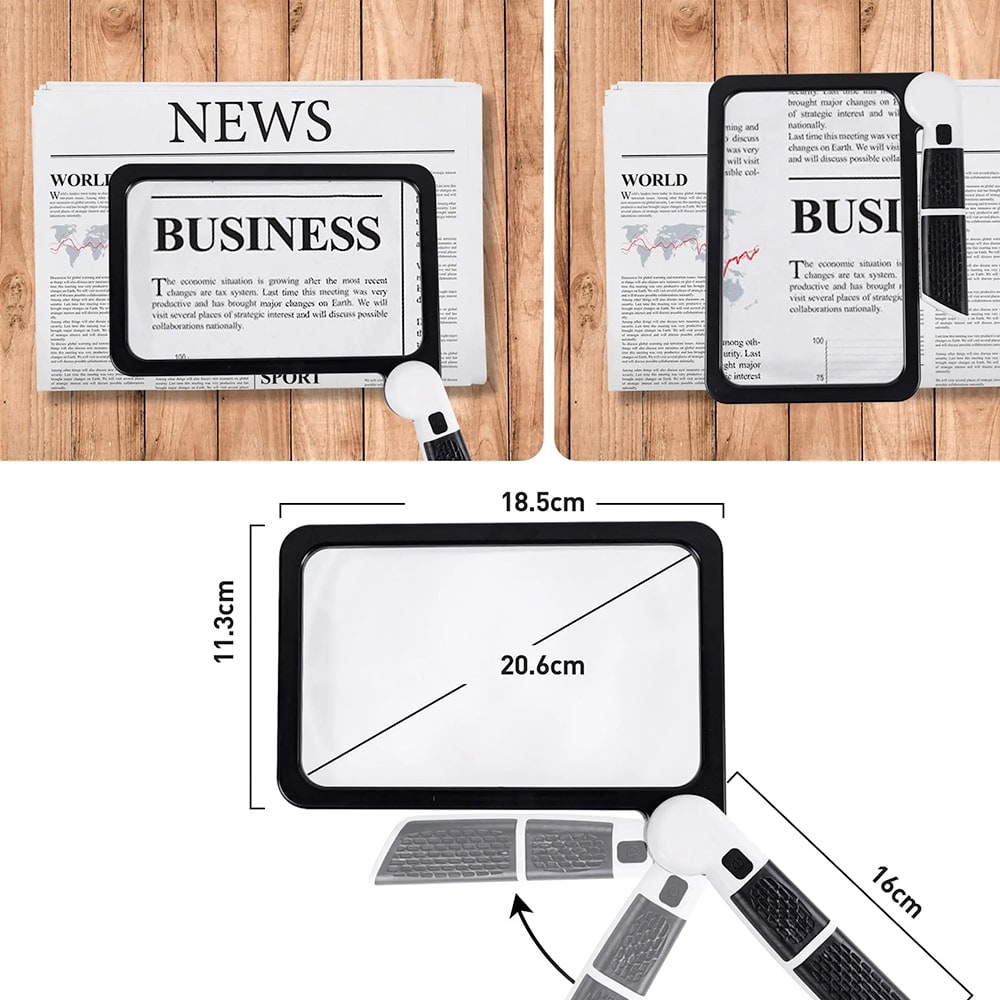 Vergrootglas met licht, led, voor lezen, handmodel, rechthoekig, met opklapbaar handvat