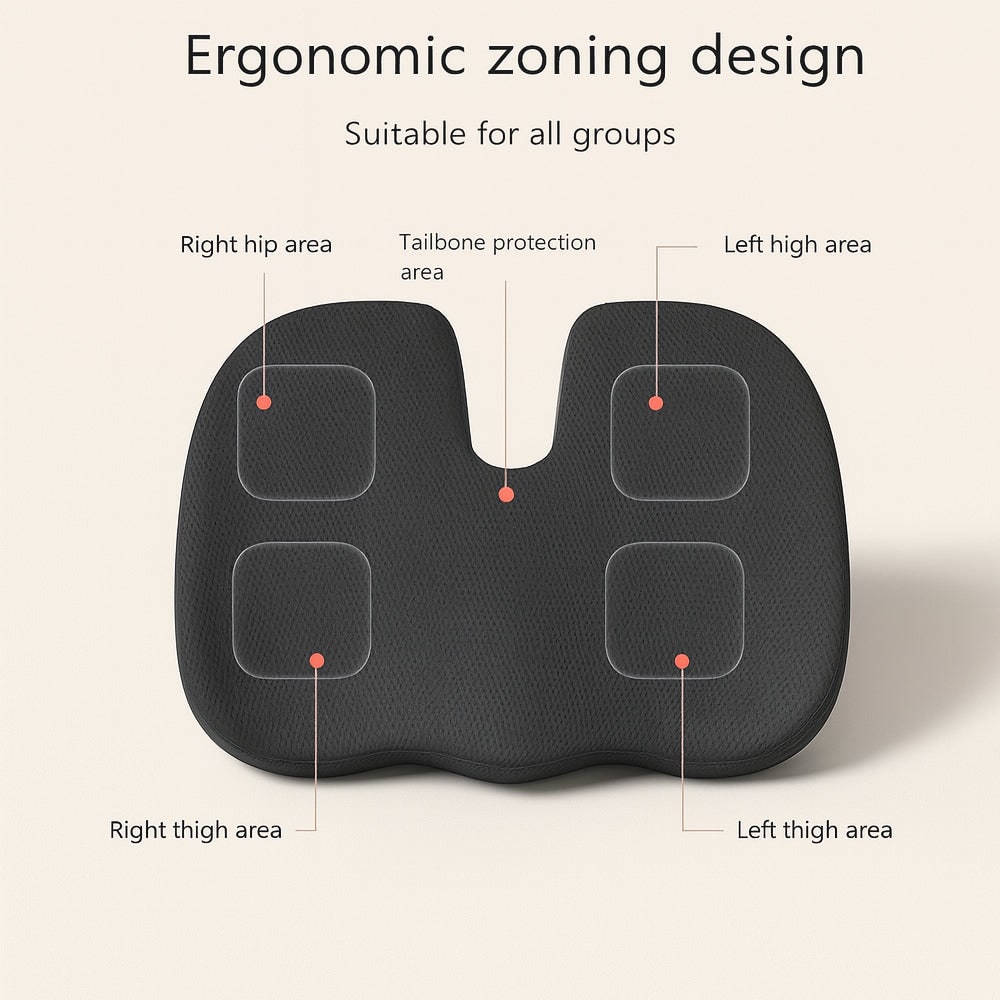 Ergonomisch bureaustoelkussen van traagschuim met orthopedische stuitontlasting en gellaag